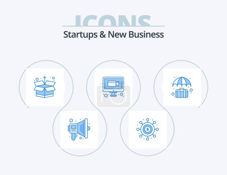 Téléchargez les illustrations : Startups And New Business Blue Icon Pack 5 Icon Design. case. bag. box. online meeting. meeting - en licence libre de droit