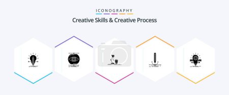 Téléchargez les illustrations : Creative Skills And Creative Process 25 Glyph icon pack including pen. illustration. monitoring. flash. coffee - en licence libre de droit