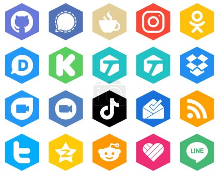 Téléchargez les illustrations : Hexagon Flat Color White Icon Pack zoom. dropbox. meta. tagged and kickstarter 20 Professional Icons - en licence libre de droit