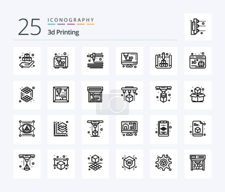 Illustration for 3d Printing 25 Line icon pack including globe. web. printer. 3d. print - Royalty Free Image