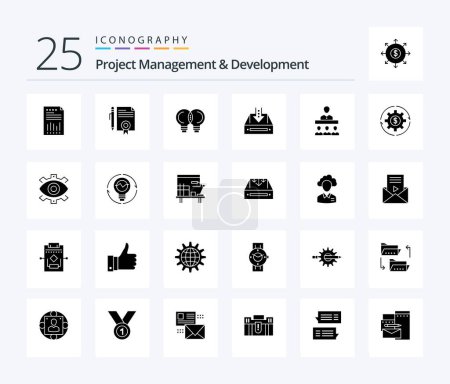 Ilustración de Project Management And Development 25 Solid Glyph icon pack including box. thinking. legal documents. mechanic. idea - Imagen libre de derechos