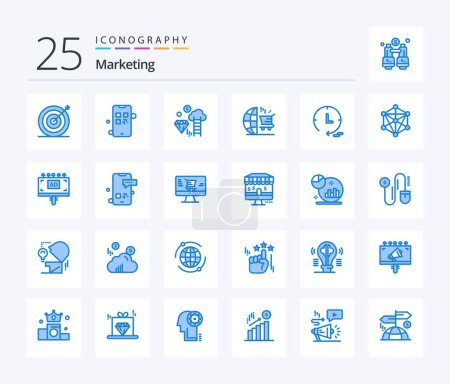 Ilustración de Marketing 25 Blue Color icon pack including time. shopping. dimond. seo. cart - Imagen libre de derechos