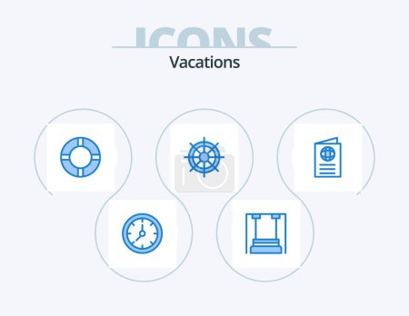 Téléchargez les illustrations : Vacations Blue Icon Pack 5 Icon Design. globe. wheel. kindergarten. ship wheel. boat - en licence libre de droit