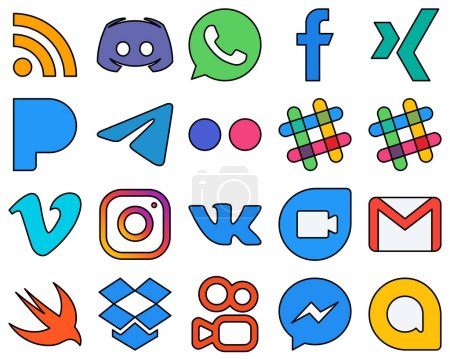 Ilustración de 20 Eye-catching Line Filled Social Media Icons such as spotify. flickr. fb and telegram High-quality and customizable - Imagen libre de derechos