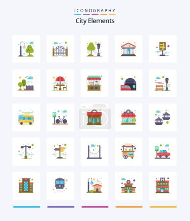 Téléchargez les illustrations : Creative City Elements 25 Flat icon pack  Such As destination. building. tree. theater. play - en licence libre de droit