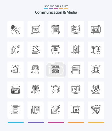 Téléchargez les illustrations : Creative Communication And Media 25 OutLine icon pack  Such As cassette. audio. newspaper. tutorial. video - en licence libre de droit