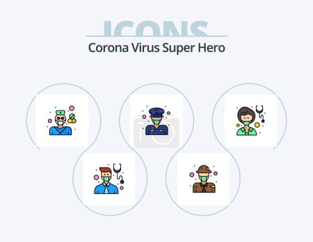 Téléchargez les illustrations : Corona Virus Super Hero Line Filled Icon Pack 5 Icon Design. nurse. lady. woman. girl. officer - en licence libre de droit