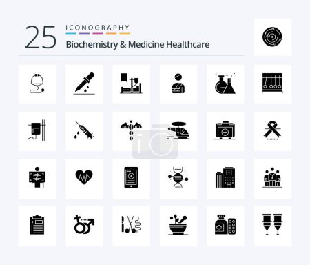 Téléchargez les illustrations : Biochemistry And Medicine Healthcare 25 Solid Glyph icon pack including lab. hospital. medical . injured. patient - en licence libre de droit
