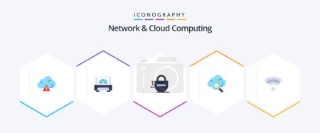 Téléchargez les illustrations : Network And Cloud Computing 25 Flat icon pack including . wifi. locked. technology. research - en licence libre de droit