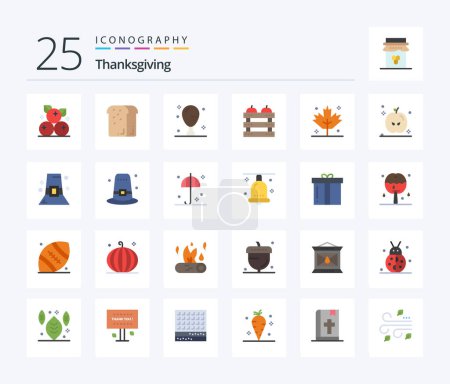 Téléchargez les illustrations : Thanksgiving 25 Flat Color icon pack including food. crate. loaf. apple. leg - en licence libre de droit