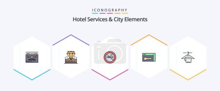Illustration for Hotel Services And City Elements 25 FilledLine icon pack including towel. room. nosmoking. key. browser - Royalty Free Image