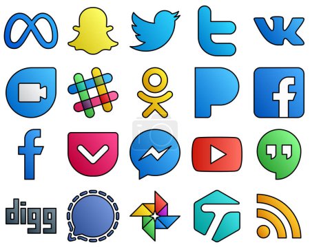 Illustration for 20 Innovative icons youtube. facebook. odnoklassniki and messenger Filled Line Style Social Media Icons - Royalty Free Image