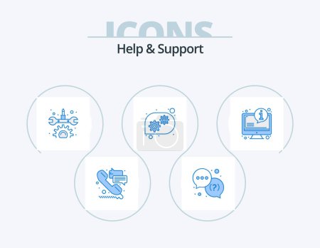 Téléchargez les illustrations : Help And Support Blue Icon Pack 5 Icon Design. information. faq. gear. system. technical help - en licence libre de droit