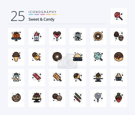 Téléchargez les illustrations : Sweet And Candy 25 Line Filled icon pack including donut. sweets. ice cream. food. candy jar - en licence libre de droit