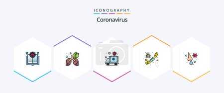 Téléchargez les illustrations : Coronavirus 25 FilledLine icon pack including virus. germs. pneumonia. bacterium. transportation - en licence libre de droit