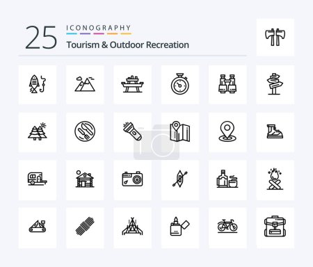 Téléchargez les illustrations : Tourism And Outdoor Recreation 25 Line icon pack including binoculars. time . bench. timer. picnic - en licence libre de droit
