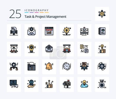 Téléchargez les illustrations : Task And Project Management 25 Line Filled icon pack including contact. startup. internet. rocket. idea - en licence libre de droit