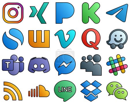 Illustration for Filled Line Style Social Media Icon Set microsoft team. question. messenger. quora and vimeo 20 Stylish icons - Royalty Free Image