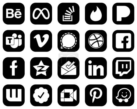 Illustration for 20 Fully Editable White Social Media Icons on Black Background such as facebook. pandora. mesenger and video icons. High-resolution and editable - Royalty Free Image