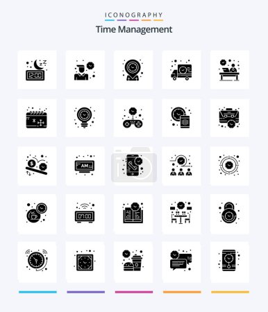 Téléchargez les illustrations : Creative Time Management 25 Glyph Solid Black icon pack  Such As desk. time. working. shipping. time - en licence libre de droit