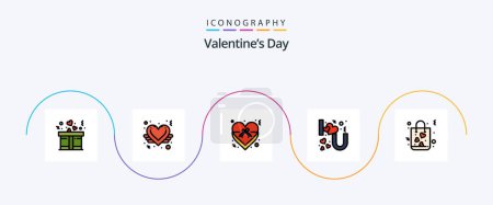 Téléchargez les illustrations : Valentines Day Line Filled Flat 5 Icon Pack Including love. bag. insignia. you. i - en licence libre de droit
