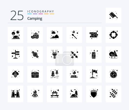 Téléchargez les illustrations : Camping 25 Solid Glyph icon pack including energy. match. bus. flame. sun rise - en licence libre de droit