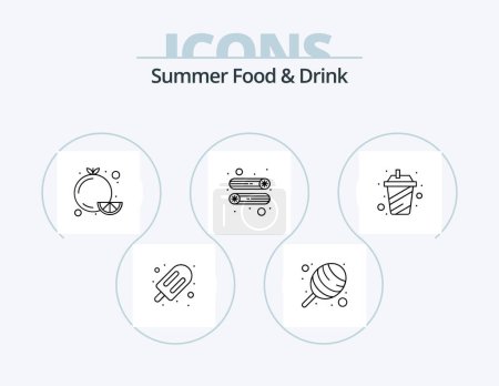 Téléchargez les illustrations : Summer Food and Drink Line Icon Pack 5 Icon Design. food. berry. candy. mason jar. drinks - en licence libre de droit