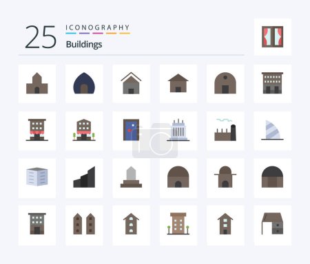 Téléchargez les illustrations : Buildings 25 Flat Color icon pack including mosque. historical building. museum. building. house - en licence libre de droit