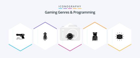Illustration for Gaming Genres And Programming 25 Glyph icon pack including game. arcade. racing. time. clockwise - Royalty Free Image