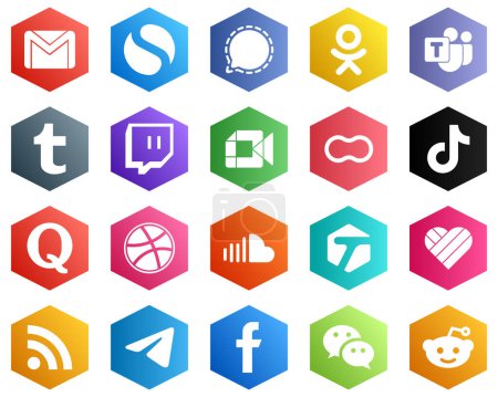 Illustration for Hexagon Flat Color White Icon Collection such as women. peanut. microsoft team and google meet icons. 25 Professional Icons - Royalty Free Image