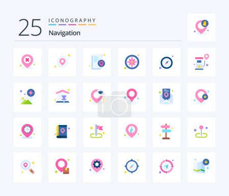 Ilustración de Navigation 25 Flat Color icon pack including navigation. compass. map. gps. pinpoint - Imagen libre de derechos
