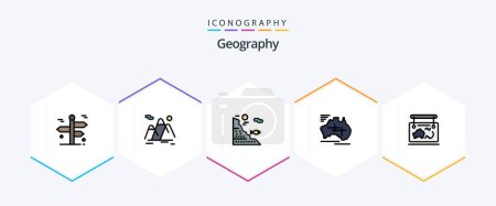 Téléchargez les illustrations : Geo Graphy 25 FilledLine icon pack including country. australia. hiking. fishing. fish - en licence libre de droit