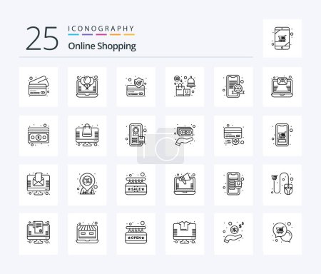Téléchargez les illustrations : Online Shopping 25 Line icon pack including marketing. savings. sale. alert - en licence libre de droit