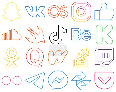 Illustration for 20 High-Quality Colourful Outline Social Media Icons such as behance. china. soundcloud. video and tiktok Fully customizable and professional - Royalty Free Image