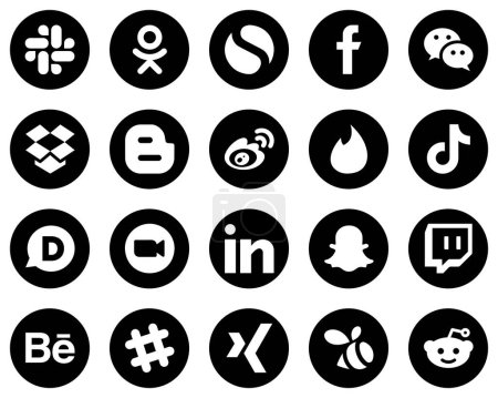 Illustration for 20 Elegant White Social Media Icons on Black Background such as douyin. tinder. dropbox and sina icons. Eye-catching and editable - Royalty Free Image