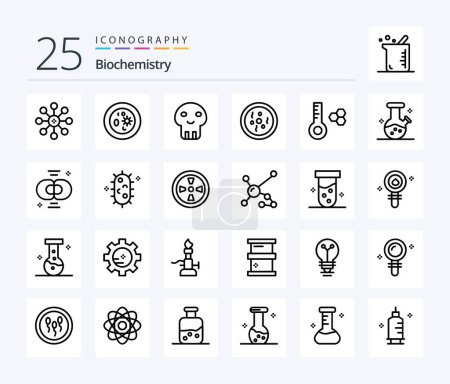 Téléchargez les illustrations : Biochemistry 25 Line icon pack including temperature. petri. laboratory. dish. death - en licence libre de droit