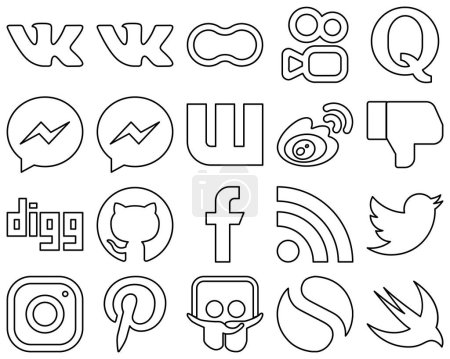 Téléchargez les illustrations : 20 High-Quality Black Line Social Media Icons such as digg. dislike. facebook and sina icons. Editable and high-resolution - en licence libre de droit