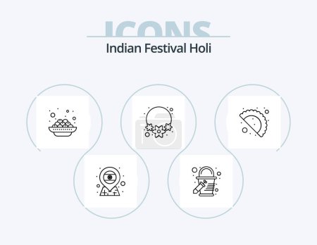 Téléchargez les illustrations : Holi Line Icon Pack 5 Icon Design. . necklace. powder. flower. day - en licence libre de droit