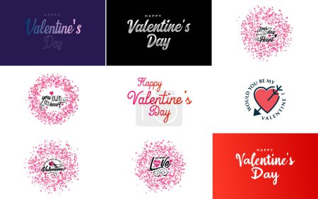 Ilustración de Happy Valentine's Day greeting background in papercut realistic style paper clouds. flying realistic heart on string; pink banner party invitation template; calligraphy words text sign on copy space - Imagen libre de derechos