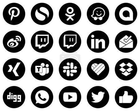 Illustration for 20 Innovative White Social Media Icons on Black Background such as likee. microsoft team and inbox icons. Unique and high-definition - Royalty Free Image