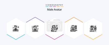 Téléchargez les illustrations : Male Avatar 25 Line icon pack including professional. bell boy. soccer player. avatar. soldier - en licence libre de droit