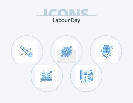 Illustration for Labour Day Blue Icon Pack 5 Icon Design. labour. jacket. saw. labour. gear - Royalty Free Image