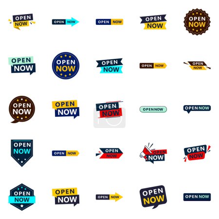 Illustration for Open now banner pack 25 different styles - Royalty Free Image