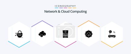Illustration for Network And Cloud Computing 25 Glyph icon pack including technology. electronic. laptop. device. network - Royalty Free Image