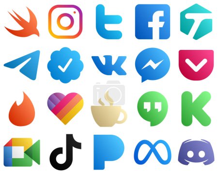 Illustration for Gradient Icons of Top Social Media 20 pack such as fb. messenger and vk icons. Clean and professional - Royalty Free Image
