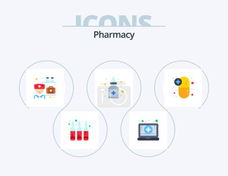 Téléchargez les illustrations : Pharmacy Flat Icon Pack 5 Icon Design. drugs. medicine. medication. medication. bottle - en licence libre de droit
