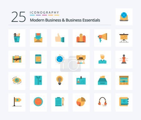 Téléchargez les illustrations : Modern Business And Business Essentials 25 Flat Color icon pack including hand. finger. communication. like. mail - en licence libre de droit
