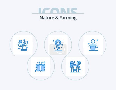 Téléchargez les illustrations : Nature And Farming Blue Icon Pack 5 Icon Design. plant. sunflower. grow. plant. farming - en licence libre de droit