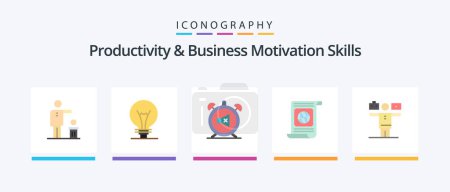 Téléchargez les illustrations : Productivity And Business Motivation Skills Flat 5 Icon Pack Including world. objectives. lightbulb. goal. off. Creative Icons Design - en licence libre de droit