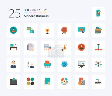 Téléchargez les illustrations : Modern Business 25 Flat Color icon pack including business. achievement. business. trophy. financial - en licence libre de droit